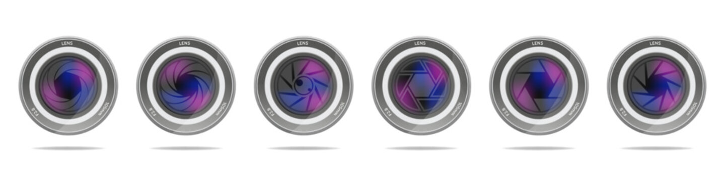 Camera lens icon collection in realistic style. Set of aperture symbols with glass reflections, focus details and optical elements for photography themes