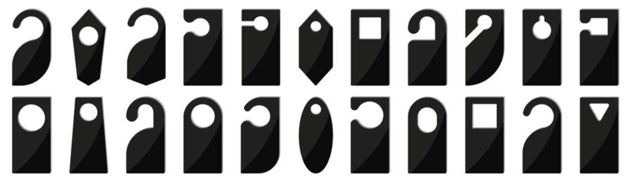 Door hanger tag icon collection in black. Set of hotel door sign shapes with hole cutouts and minimal solid design variations