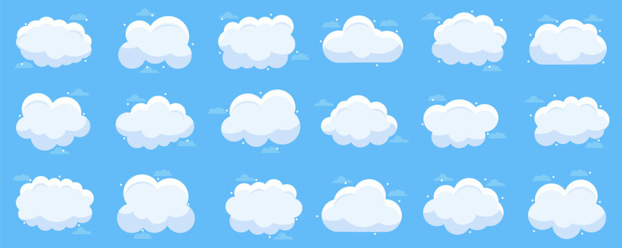 Cloud icon collection in flat style. Set of sky cloud shapes with soft rounded forms and minimal atmospheric elements