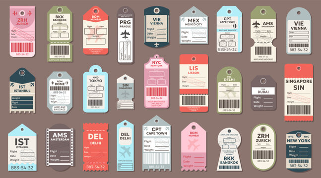 Travel baggage tag collection in flat style. Set of airline labels with city names, barcodes and flight information elements