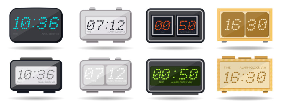 Digital alarm clock collection in modern style. Set of electronic displays with time numbers and retro device shapes