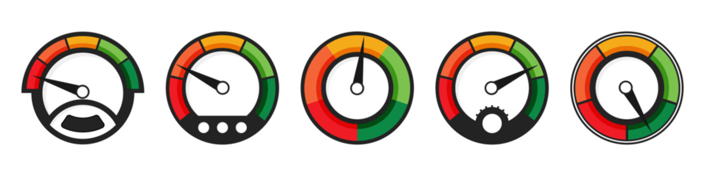 Speedometer gauge collection in modern style. Set of dashboard meters with indicator arrows and performance measurement scales