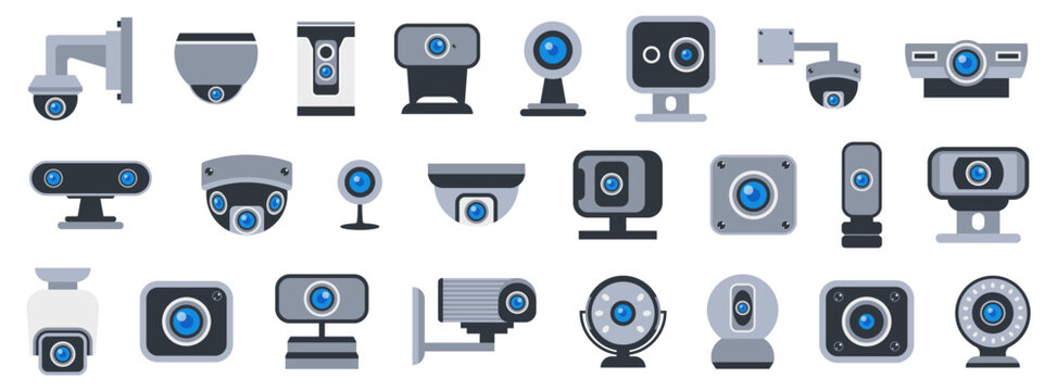 Security camera collection in flat style. Set of surveillance devices with different shapes for monitoring and protection systems