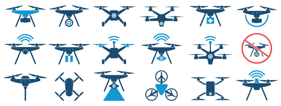 Drone icon collection in flat style. Set of quadcopter devices with camera, signal and delivery variations