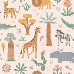 Obraz premium African safari animals and plants seamless pattern. Cute flat hand drawn nursery characters. Giraffe, rhino, cheetah and others. Perfect for prints, jungle themes, wildlife projects, and kids designs.