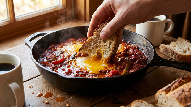 Person dipping crusty bread into a runny egg yolk in a bubbling pan of Shakshuka