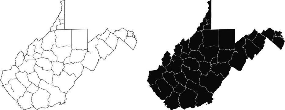 West virginia state map with county borders showing outline and silhouette shape Vector