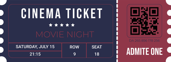 Fototapeta premium Cinema ticket template with QR code, vintage movie pass design, admit one, retro film ticket illustration