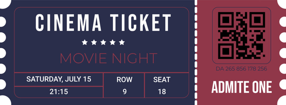 Cinema ticket template with QR code, vintage movie pass design, admit one, retro film ticket illustration