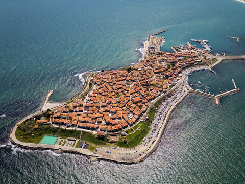 Aerial panoramic view of Old Town Nessebar on a peninsula in the Black Sea