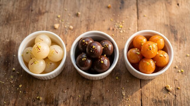 Three bowls of traditional Indian sweets gulab jamun and chamcham are arranged on a rustic wooden surface. They contain white, orange, and brown spherical desserts, garnished with silver leaf.

