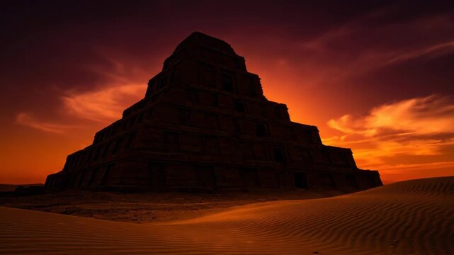 Ancient stepped pyramid structure stands majestically in a vast desert landscape with rippling sand dunes under a dramatic glowing sun and orange sky symbolizing history and exploration