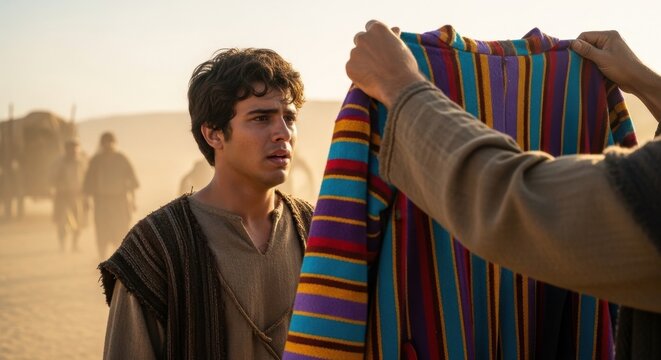 Biblical Joseph looking surprised as he receives the colorful coat of many colors held by another man in a dusty desert landscape with a caravan in the golden background