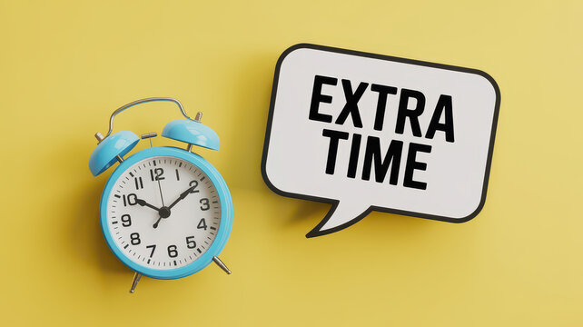 Blue alarm clock next to a speech bubble with the text extra time on a yellow background