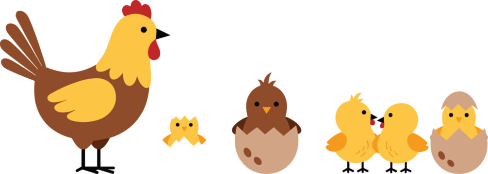 Mother Hen and Baby Chicks Hatching from Eggs in a Cute Family Scene for Spring and Easter Themes