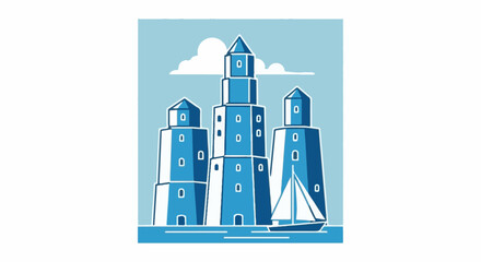Naklejka premium Stylized illustration of ancient towers and a sailboat at sea