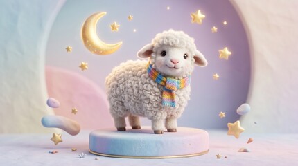 Obraz premium Cute fluffy sheep wearing colorful scarf on pastel stage with crescent moon and stars for Eid ul Adha celebration theme.