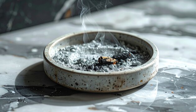 Ash tray filled with smoking ashes and remnants of a burning cigar on a textured surface