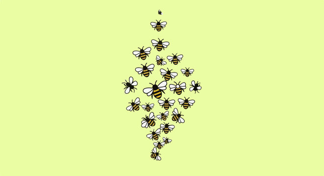 A swarm of cartoon bees flying in a diamond shape on a pale yellow background