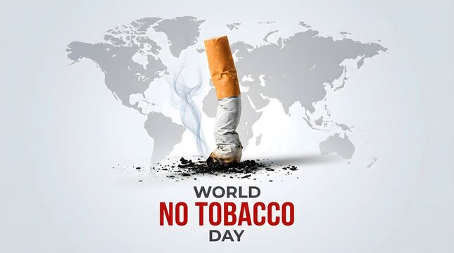 Burning cigarette with ash against a world map no tobacco day concept