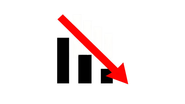 Financial loss icon with a descending bar chart and arrow representing recession business failure stock market crash and economic decrease vector solid glyph icon