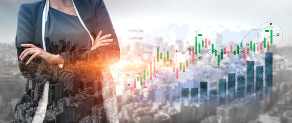 A confident businesswoman in professional attire stands before a bustling cityscape, with vibrant financial graphs illustrating growth trends and investment strategies. Scalp © InfiniteFlow