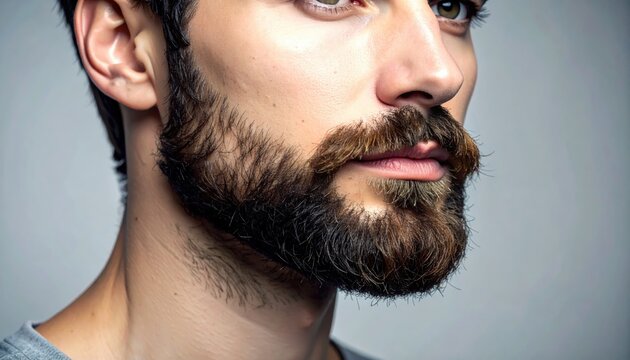 Close-up detail of a man's short, stubbly brown beard and mustache, showcasing facial hair texture and grooming