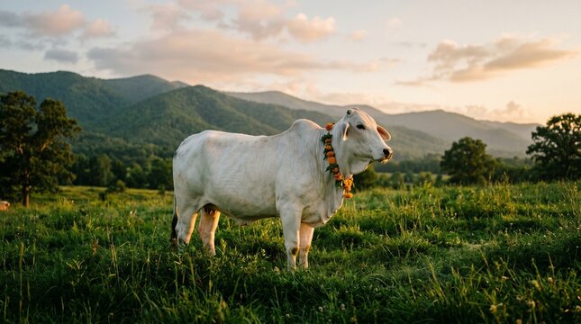 White zebu cow standing in lush green meadow with orange floral garland at sunset in scenic mountain landscape view under soft evening light.