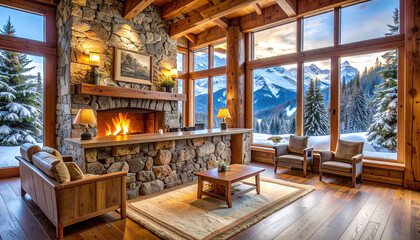 Obraz premium Cozy luxury log cabin interior with a glowing stone fireplace and panoramic views of snowy mountains. A rustic winter retreat perfect for travel, lifestyle, and holiday advertising.