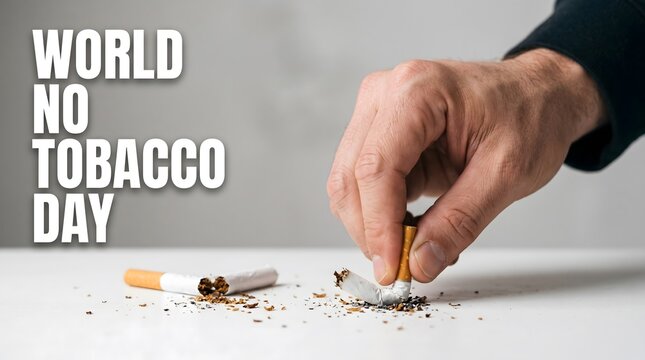 Hand crushing cigarette with text world no tobacco day