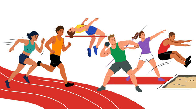 Vibrant vector illustration showcasing diverse athletic characters competing in various track and field events on a red running track, set against a clean white background