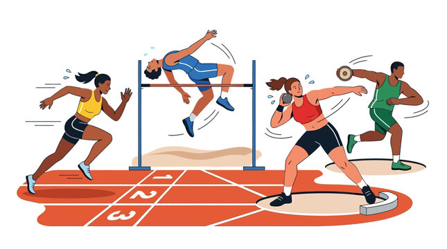 Colorful vector illustration celebrating a world athletics event, featuring diverse characters participating in running, long jump, shot put, and discus throw against a clean white
