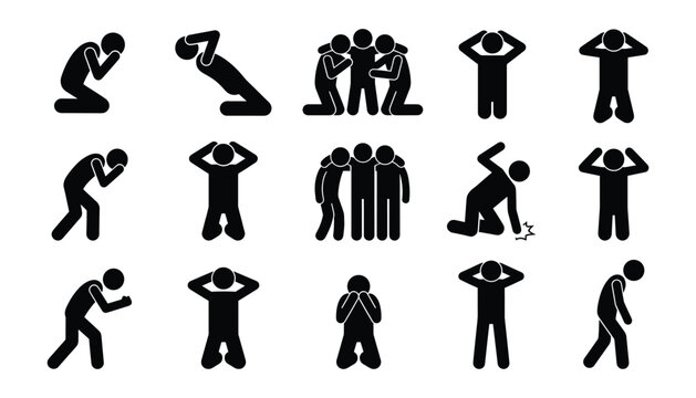 Human stress, pain, and emotional distress silhouette set for mental health, anxiety, and wellbeing awareness graphic design