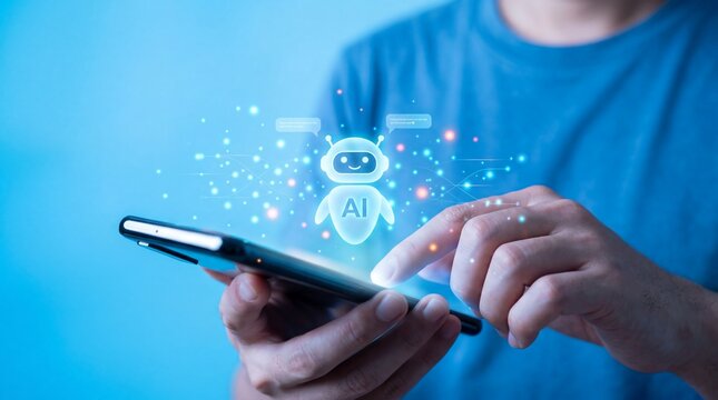AI robot chatbot assistant hologram on smartphone screen held by man in blue t-shirts