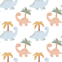 Cute cartoon dinosaurs and palm trees on black background. © ZhumaStudio
