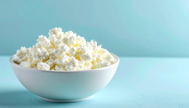 A Delicious Bowl of Fresh Cottage Cheese Curds on a Light Blue Surface, Showcasing Natural Dairy Goodness