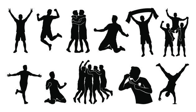Sports victory celebration and team joy silhouette set for winning moment, achievement, and championship graphic design use