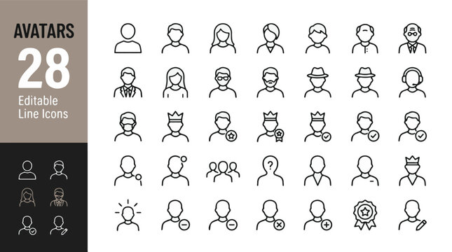 Avatars Line Editable Icons set. Vector illustration in a modern thin line style of people related icons: profile, user, member, character, community, and business roles. Isolated on background.