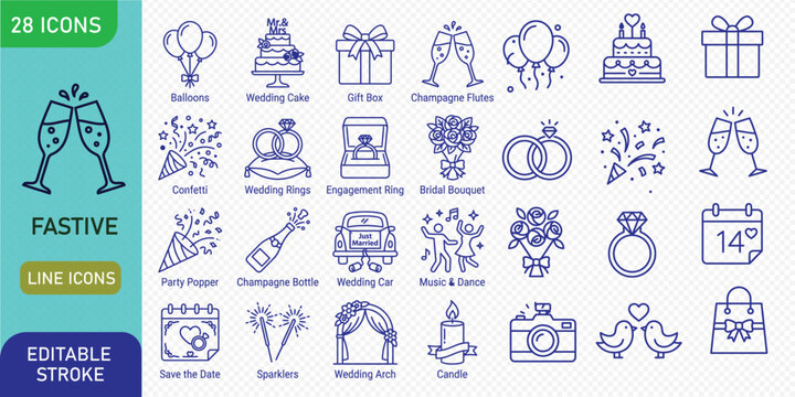 Extensive collection of twenty-eight festive and wedding line icons featuring detailed symbols for event planning, including cakes, rings, champagne, and decor, with fully editable vector strokes.