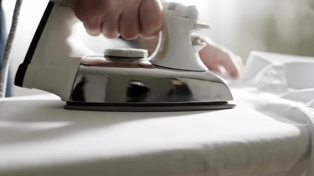 Close-up of a person ironing a white shirt with steam rising from a modern iron on a white ironing board displaying domestic chores and attention to detail with a clean and tidy concept.