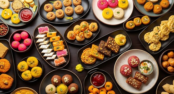 Assortment of traditional indian sweets and desserts on decorative plates