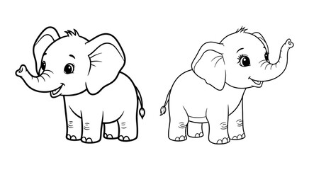 Obraz premium Two cute baby elephant characters in a simple outline drawing style