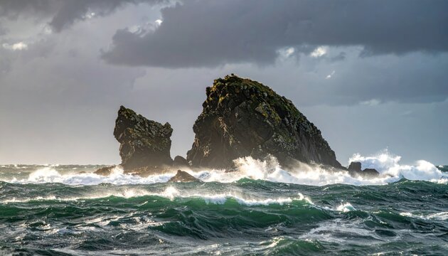 Rugged rocky island outcrops emerge from turbulent stormy seas with crashing waves and dramatic clouds overhead
