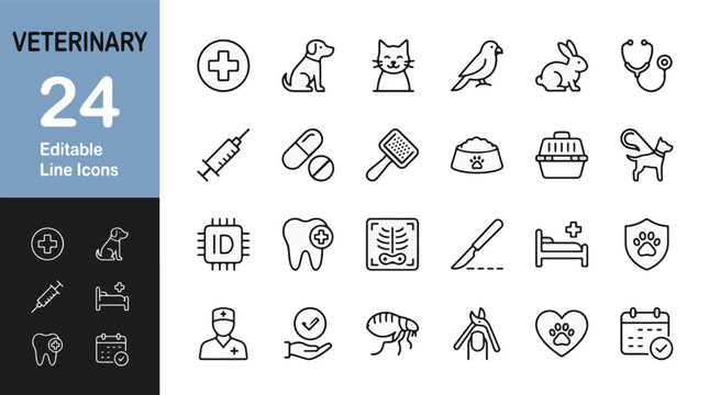 Veterinary Line Editable Icons set. Vector illustration in modern thin line style of pet health care icons: dog, cat, clinic, medical treatment, surgery, grooming, pharmacy, and animal hospital.