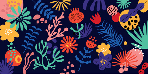 A set of various plant elements, branches, abstract hand-drawn plants. Colorful abstract floral pattern in modern flat style © Tatiana Morozova