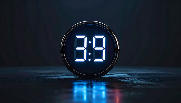 Digital timer with glowing blue numbers 3:09 on a dark textured surface with reflections, technology countdown concept