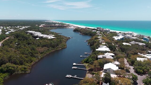 Drone orbit at coastal Big Redfish Lake residential luxury real estates with docks near 30A highway road, Santa Rosa Beach, Florida, USA