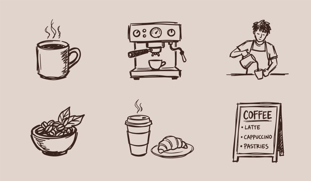 simple rough sketch Coffee shop flat icons set for menu board