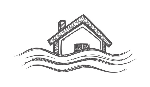 Hand drawn house partially submerged in wavy water home flood wave