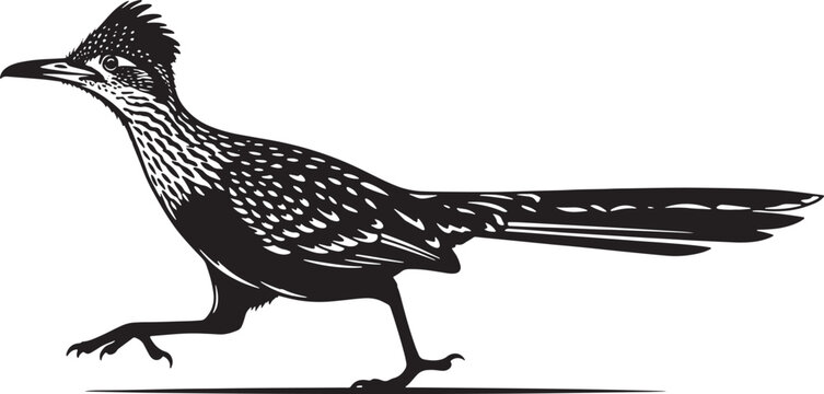 Black and white illustration of roadrunner bird standing on ground